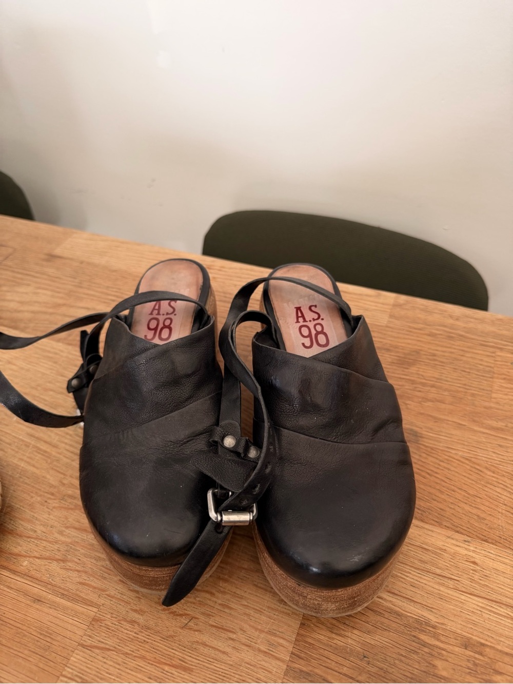 A.S.98 Black Leather Platform Mules with Ankle Strap